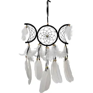 Handmade Black Triple Moon Dreamcatcher: Boho Feather Decor (9x20in)