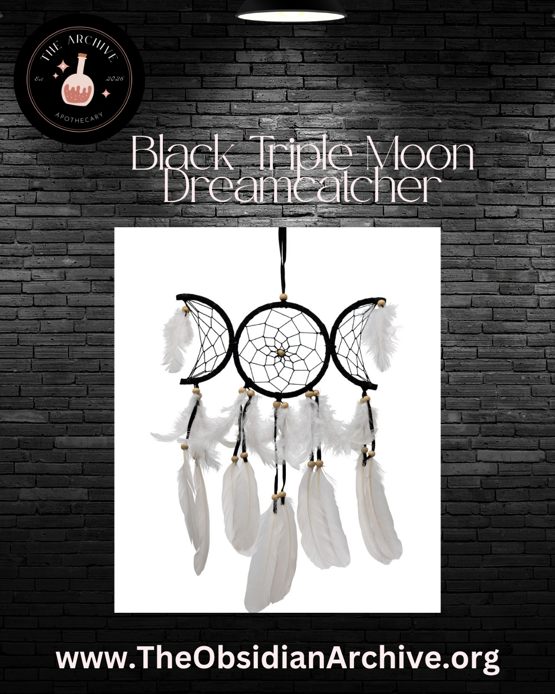 Handmade Black Triple Moon Dreamcatcher: Boho Feather Decor (9x20in)
