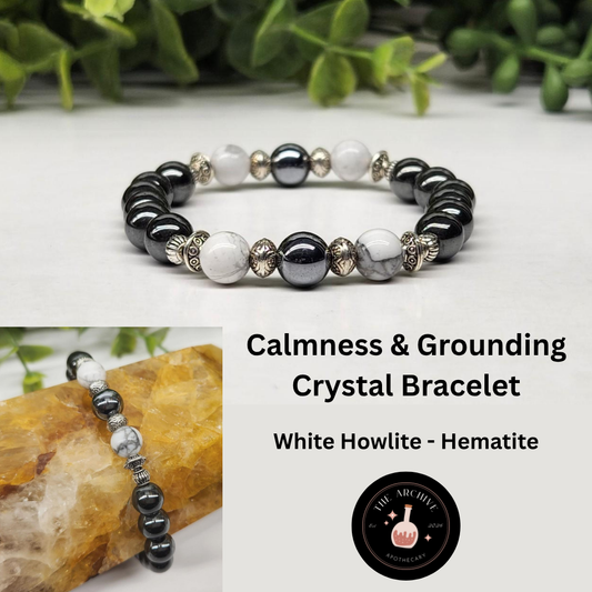 Calmness & Grounding Crystal Bracelet – White Howlite and Hematite; gemstone bracelet
