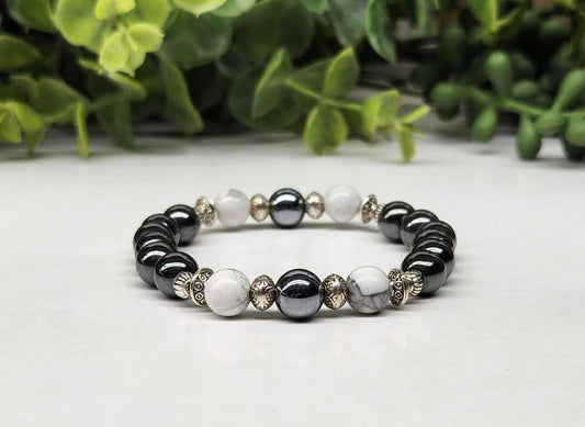 Calmness & Grounding Crystal Bracelet – White Howlite and Hematite; gemstone bracelet