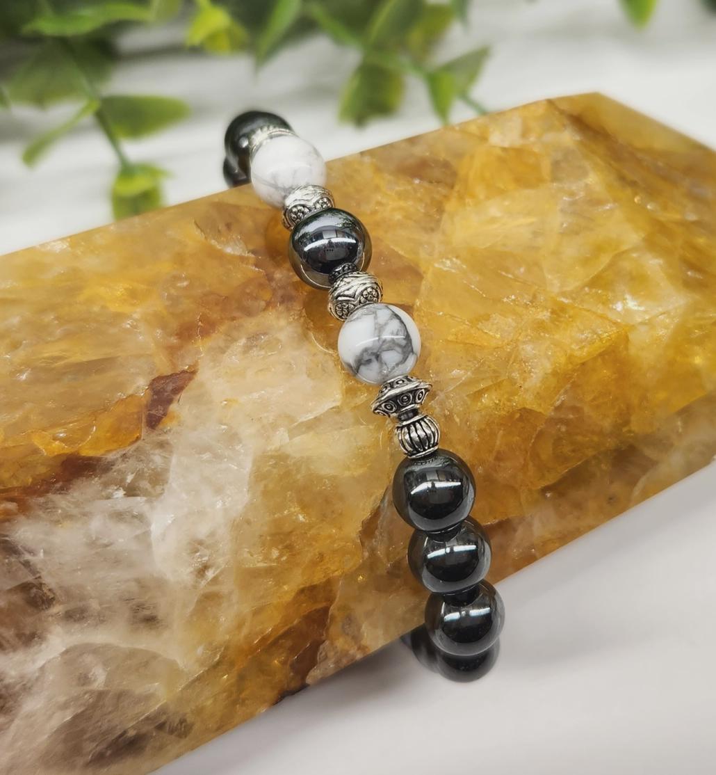 Calmness & Grounding Crystal Bracelet – White Howlite and Hematite; gemstone bracelet